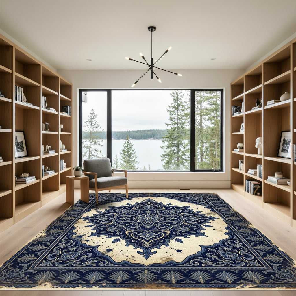 Deep Blue Vintage Floral Medallion Rug