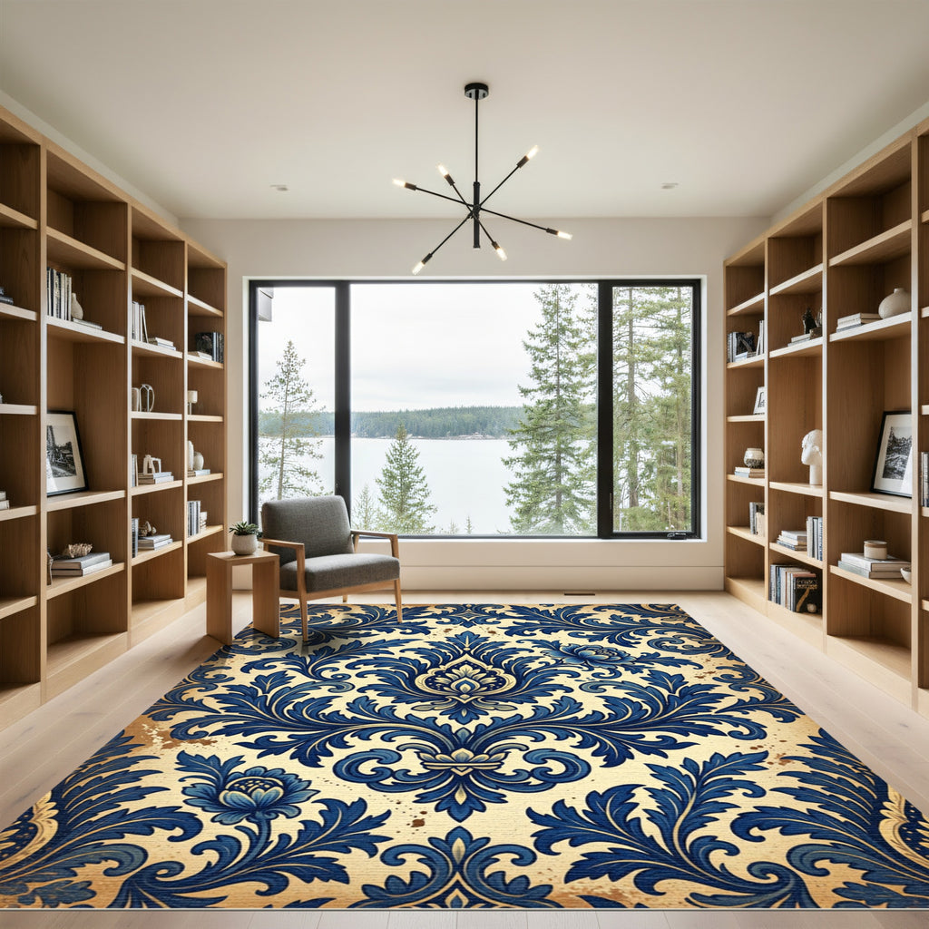Ornate Royal Blue Floral Damask Rug