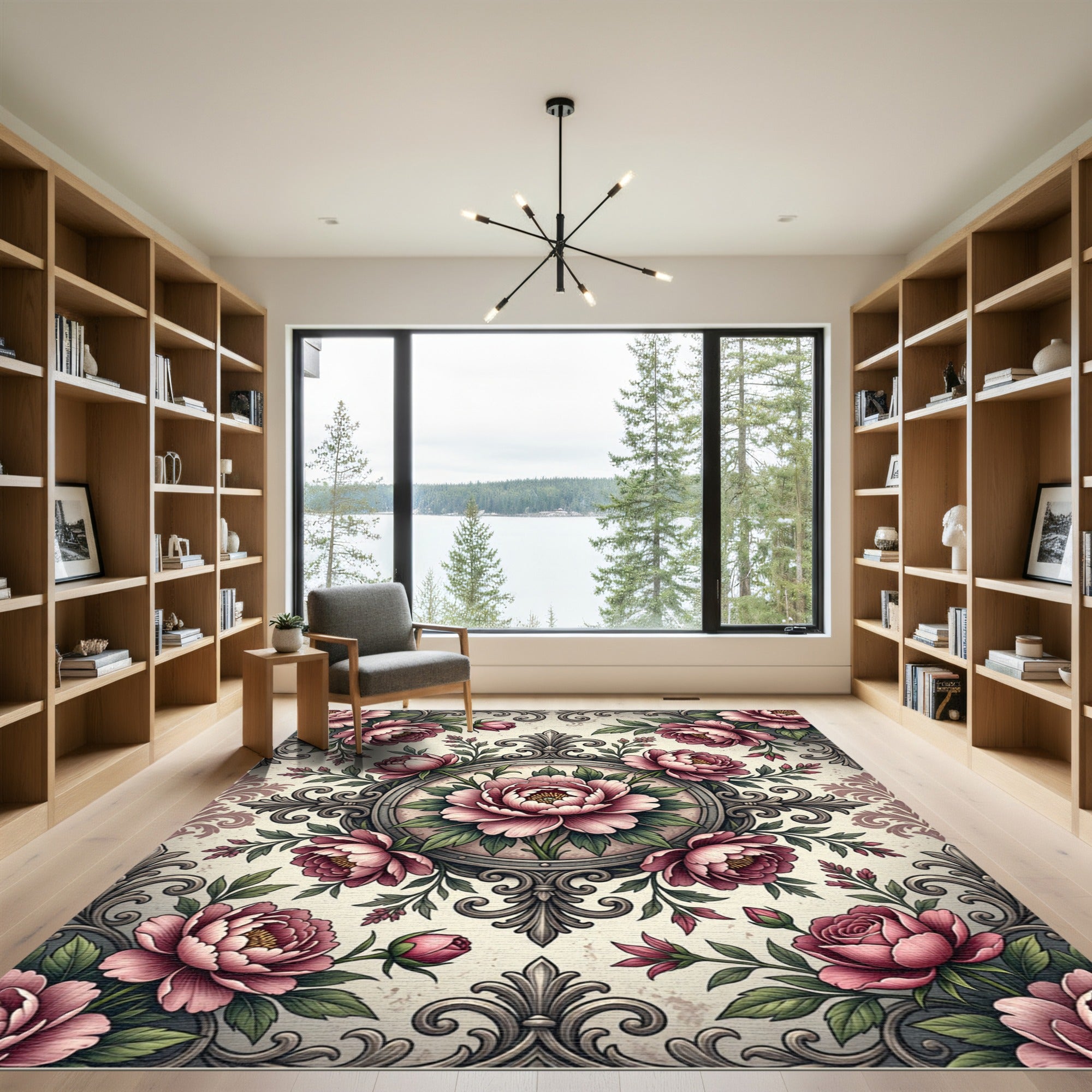 Vintage Pink Peony Filigree Medallion Rug