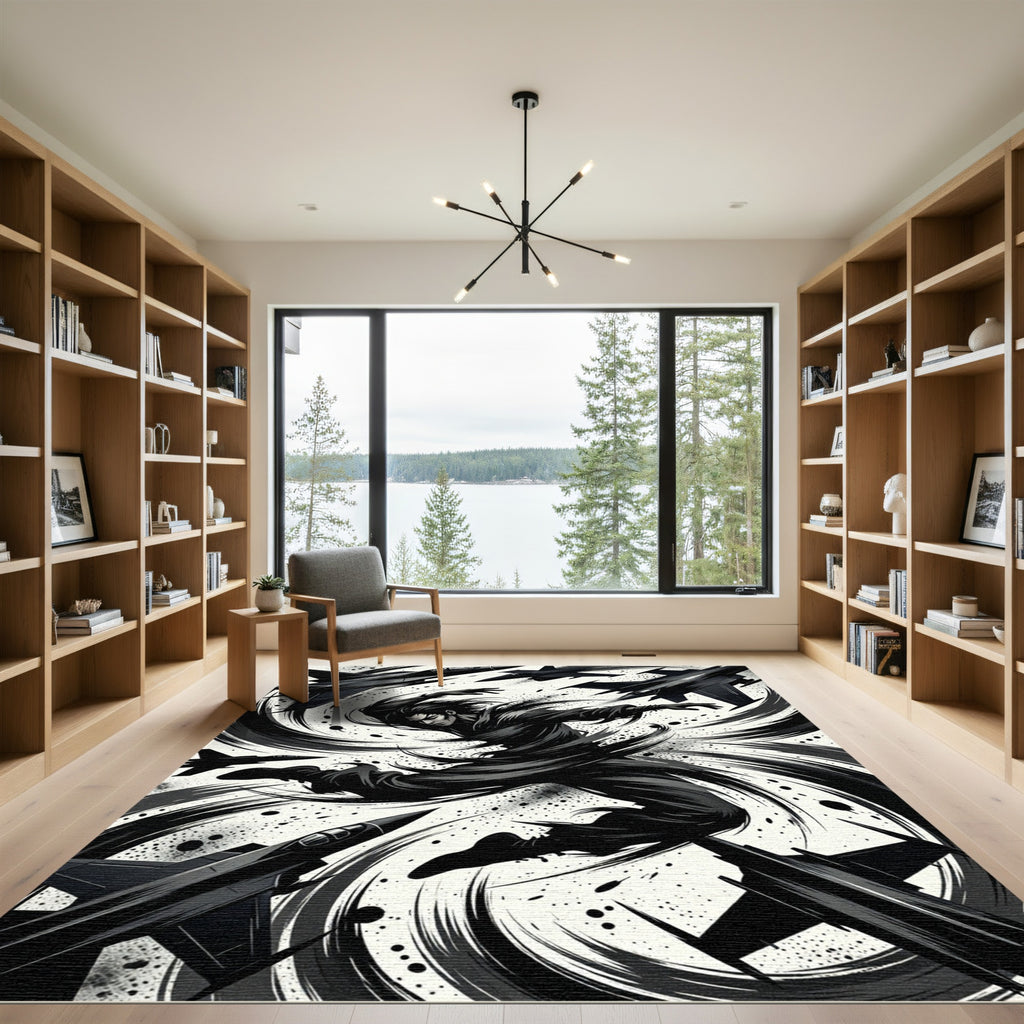 Dynamic Monochrome Jet Fighter Swirl Art Rug