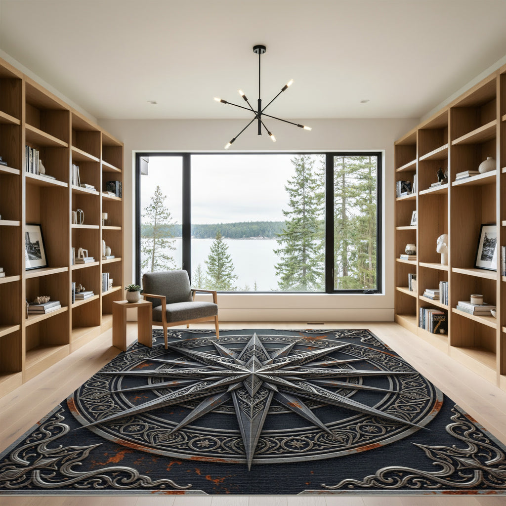 Ornate Metallic Silver Celestial Compass Rug