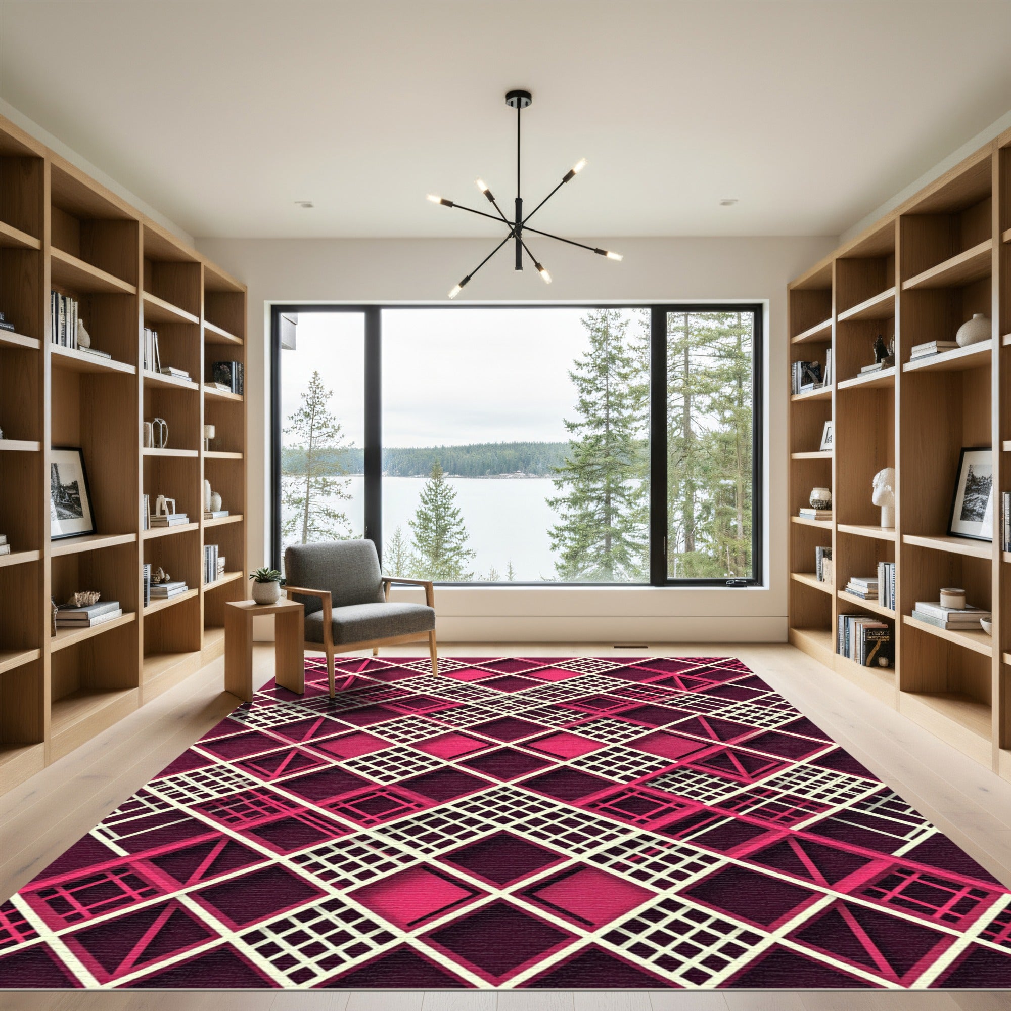 Modern Magenta Geometric Lattice Grid Rug
