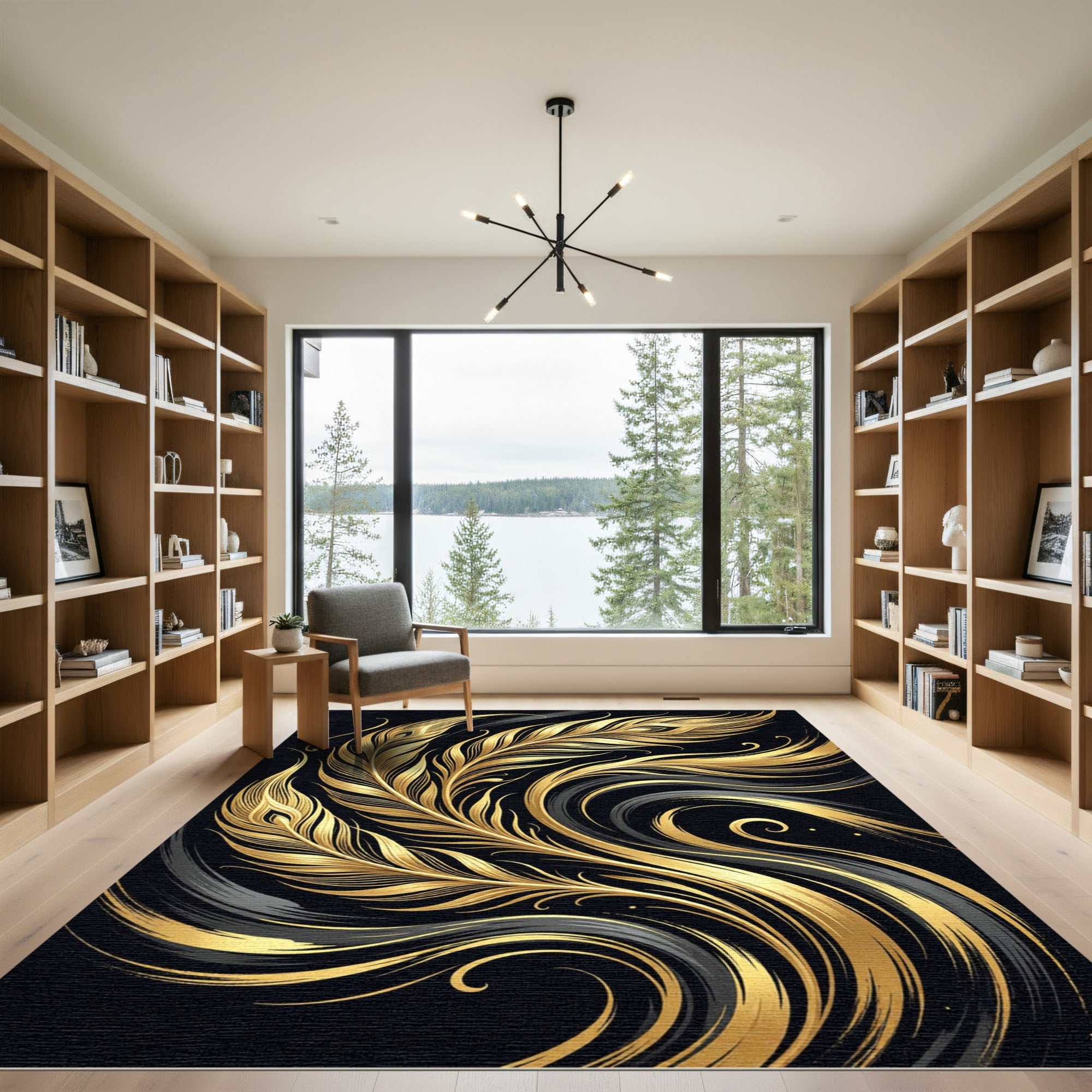 Elegant Gold Feather Swirl Art Rug