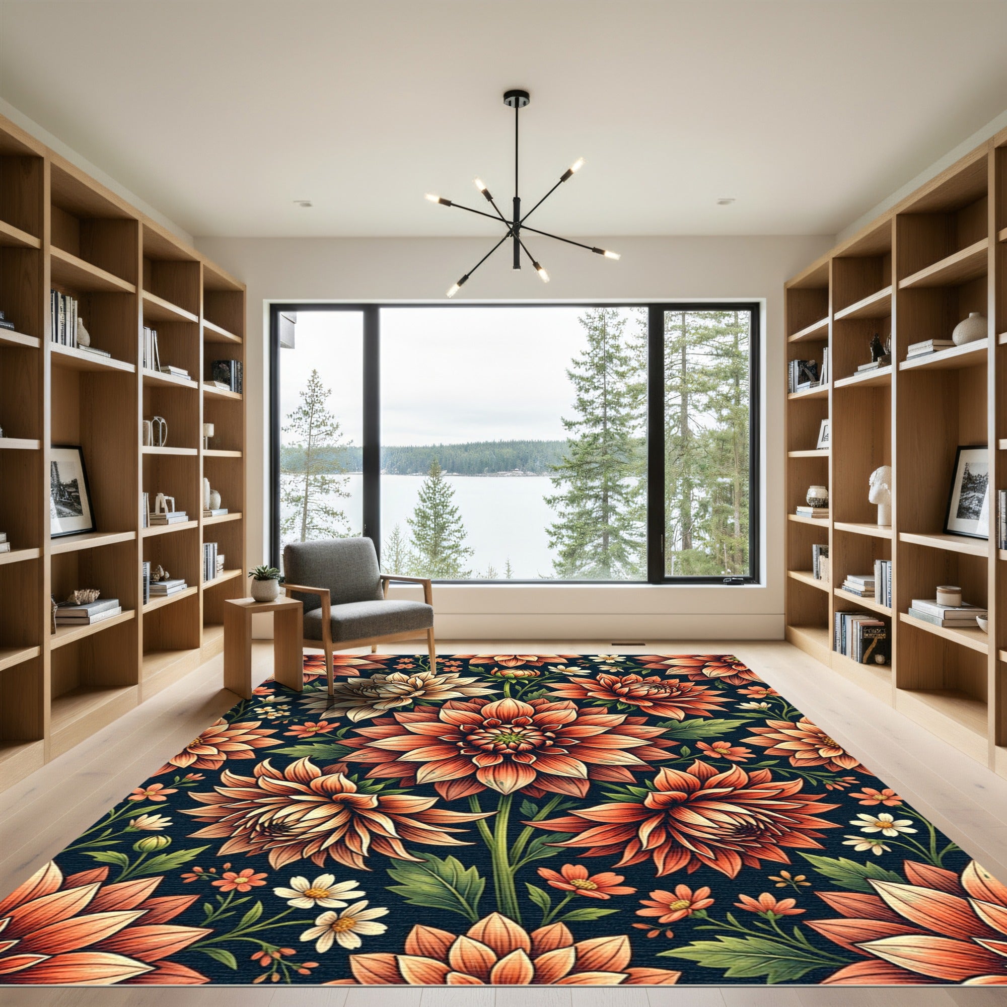 Autumnal Dahlia Floral Peach Amber Rug