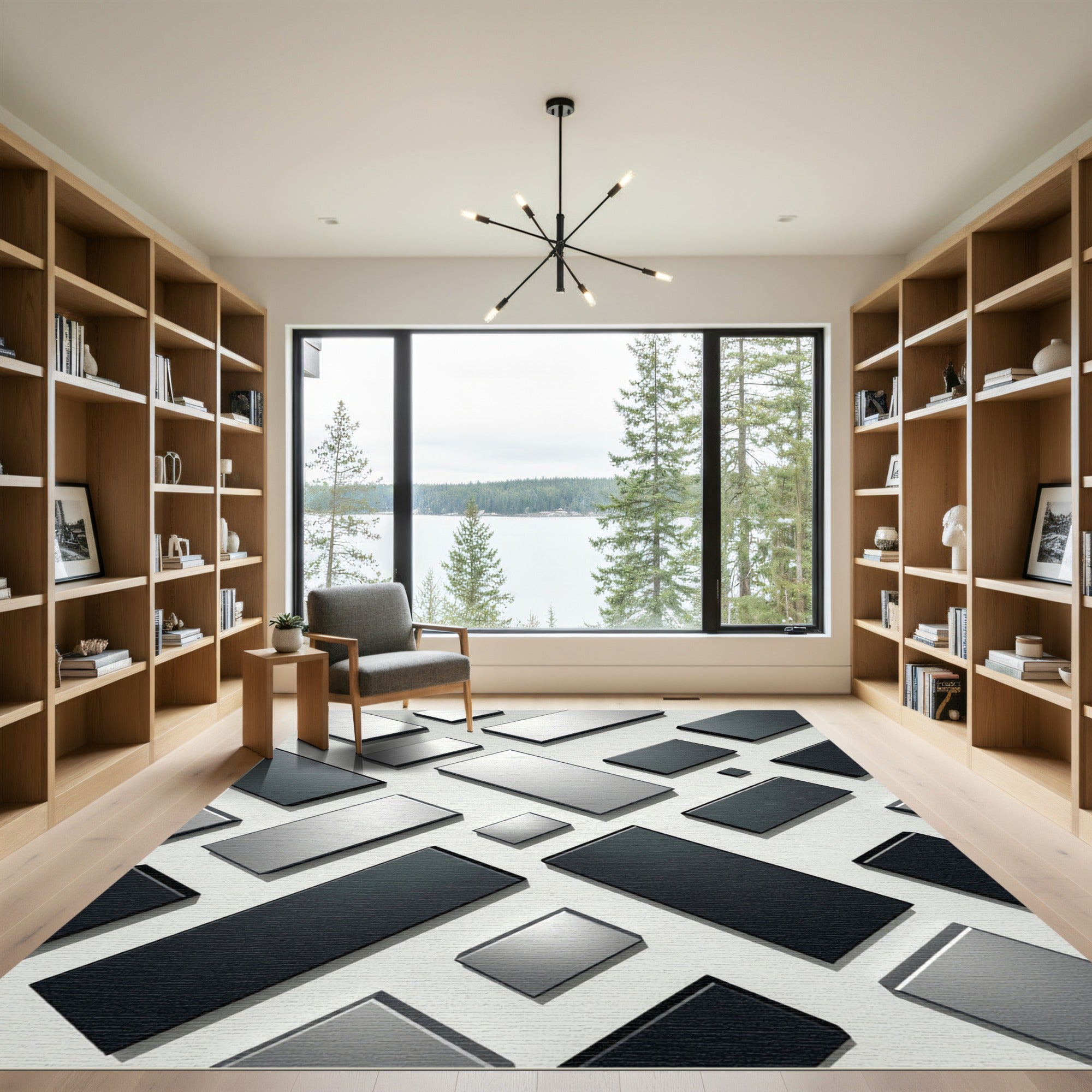 Minimalist Monochromatic Geometric Block Grid Rug
