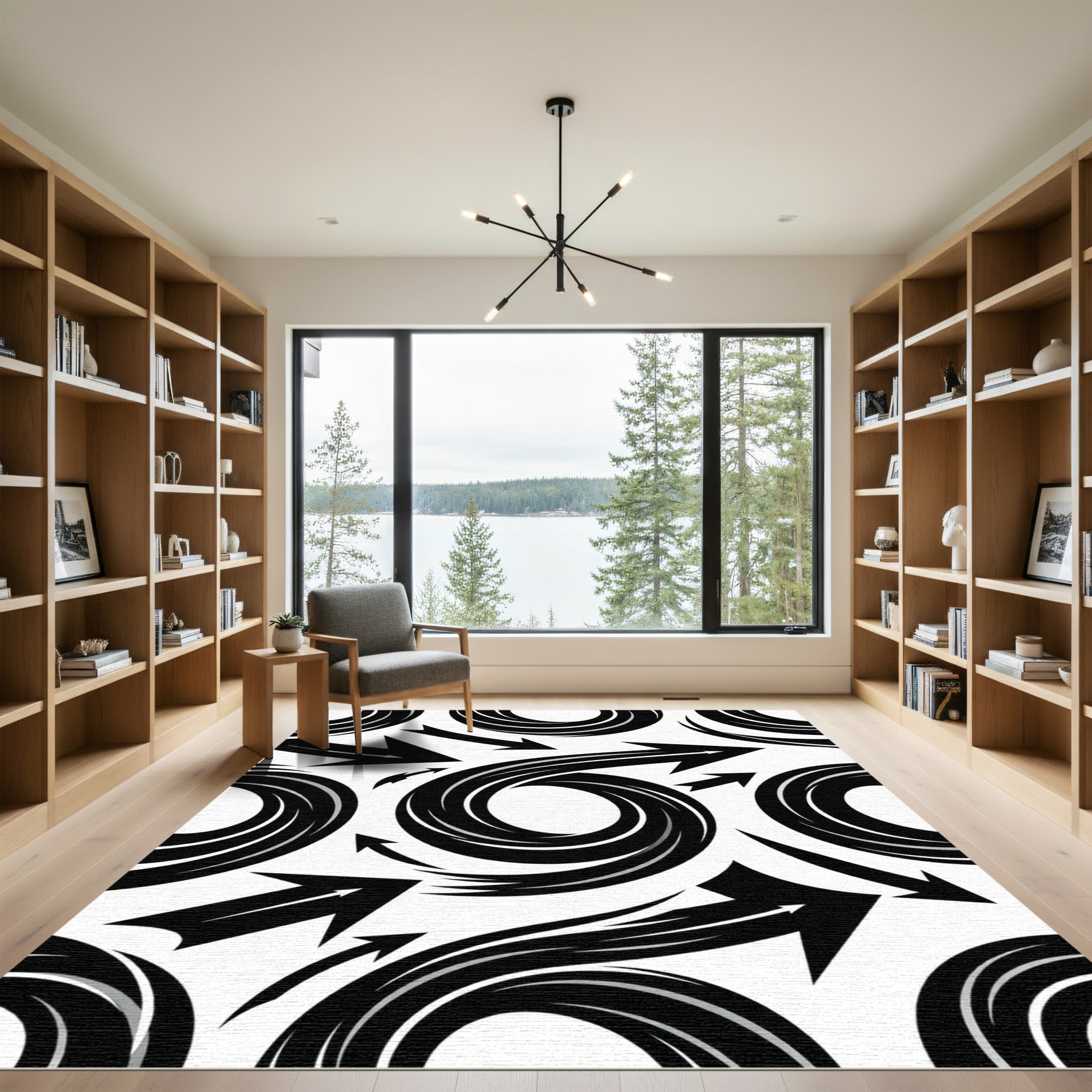 Dynamic Black Swirl Arrow Composition Rug