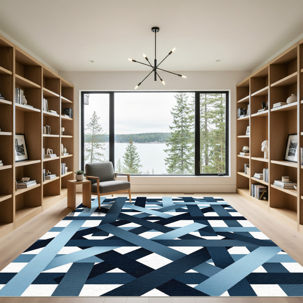 Abstract Navy and Blue Interlocking Lines Rug