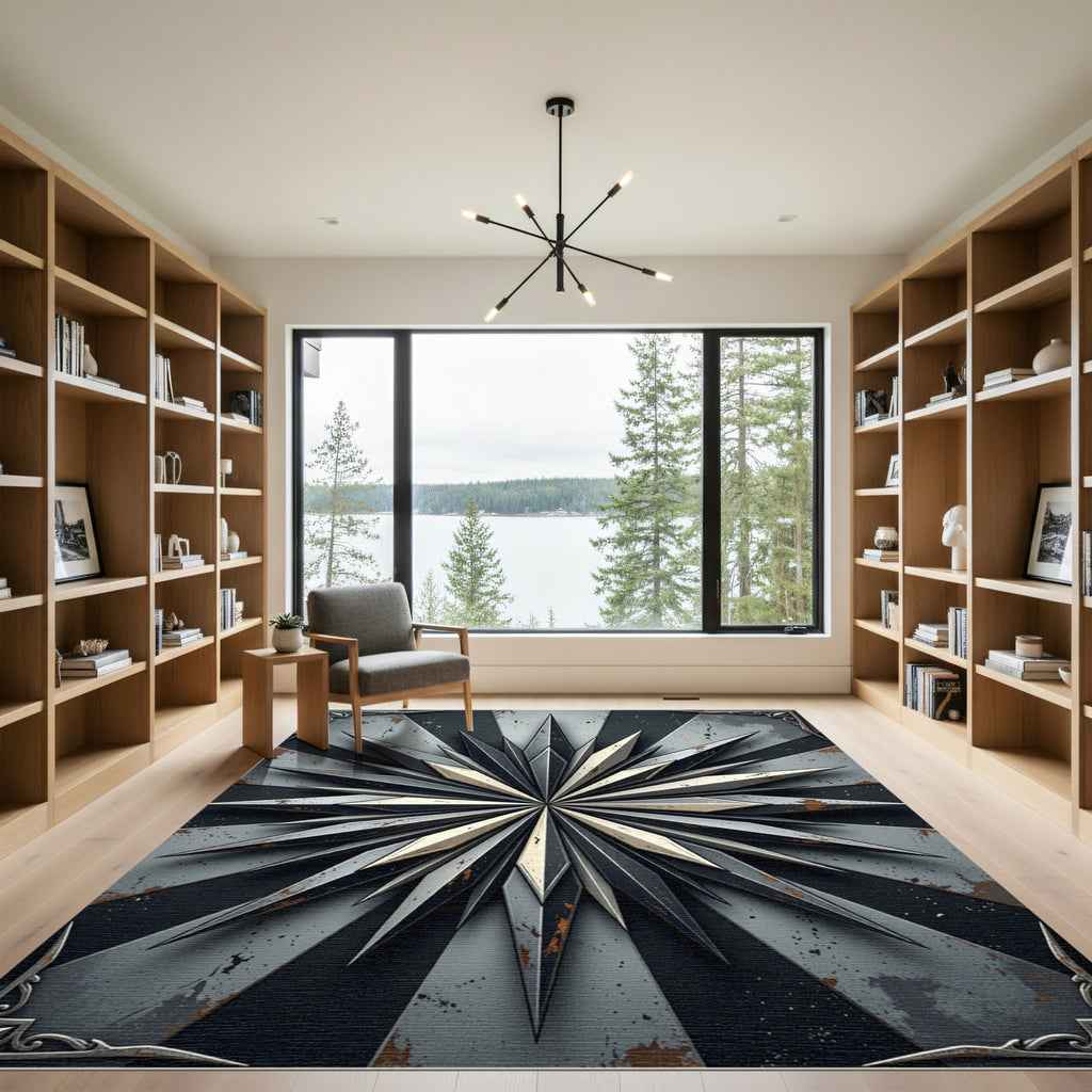 Metallic Industrial Starburst Steel Geometric Rug