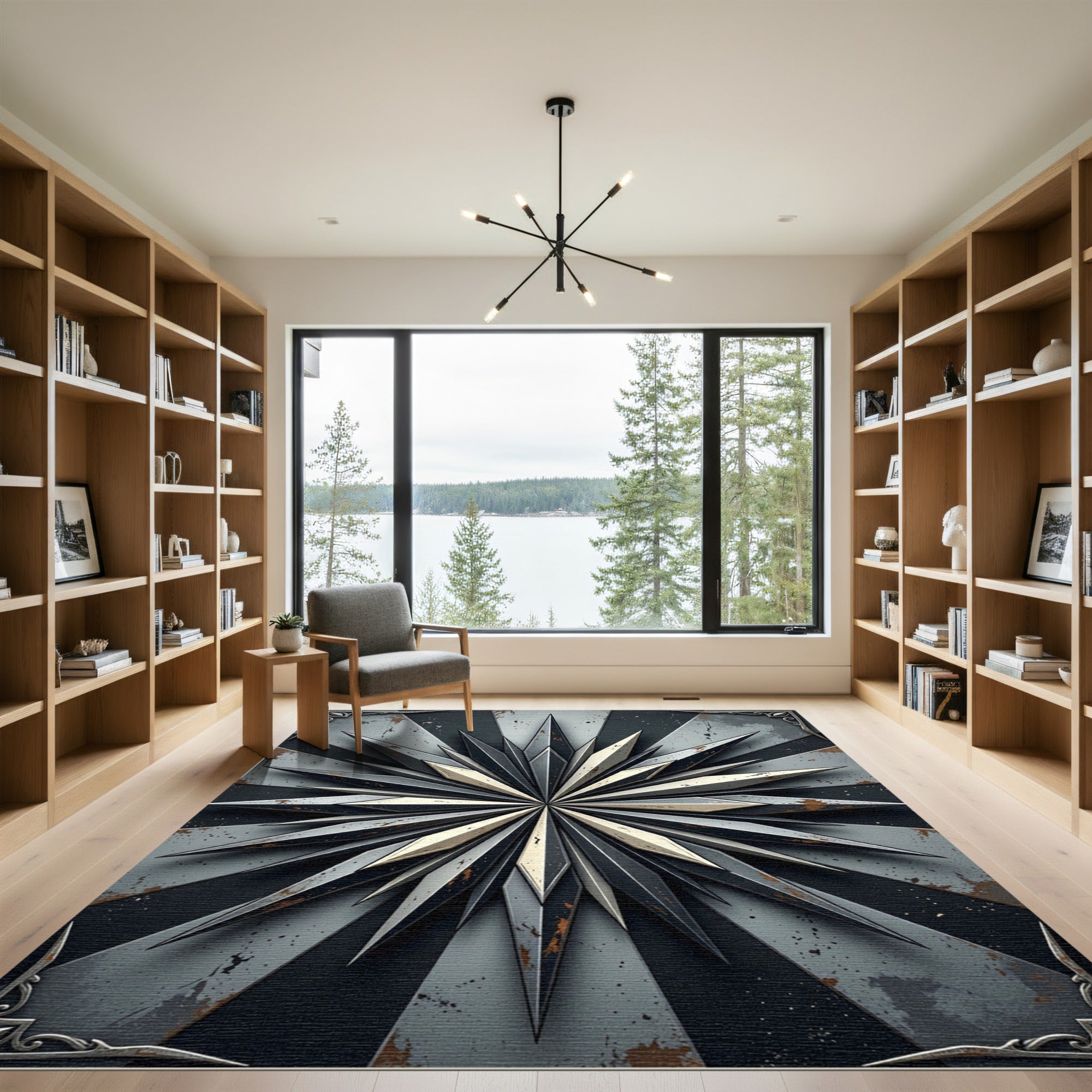 Metallic Industrial Starburst Steel Geometric Rug