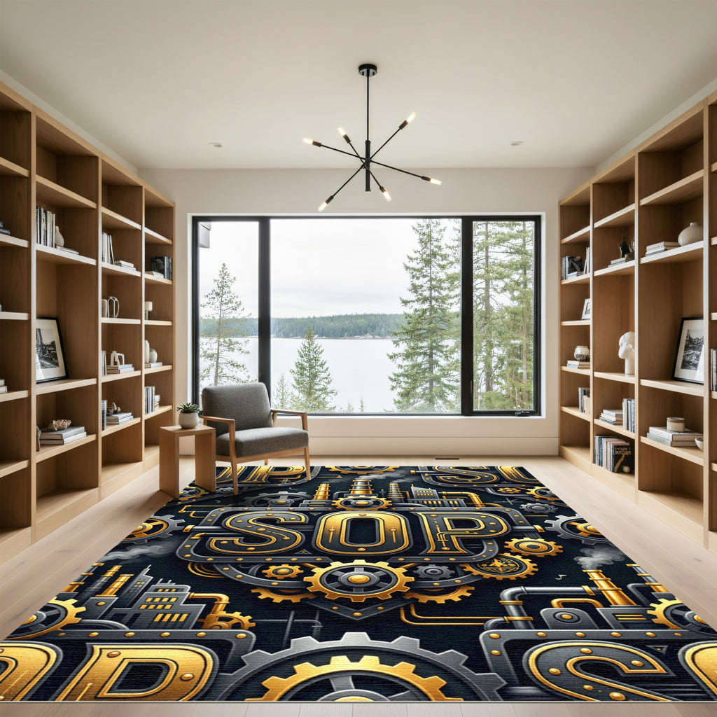 Industrial Gold Steampunk Gear Sop Text Rug