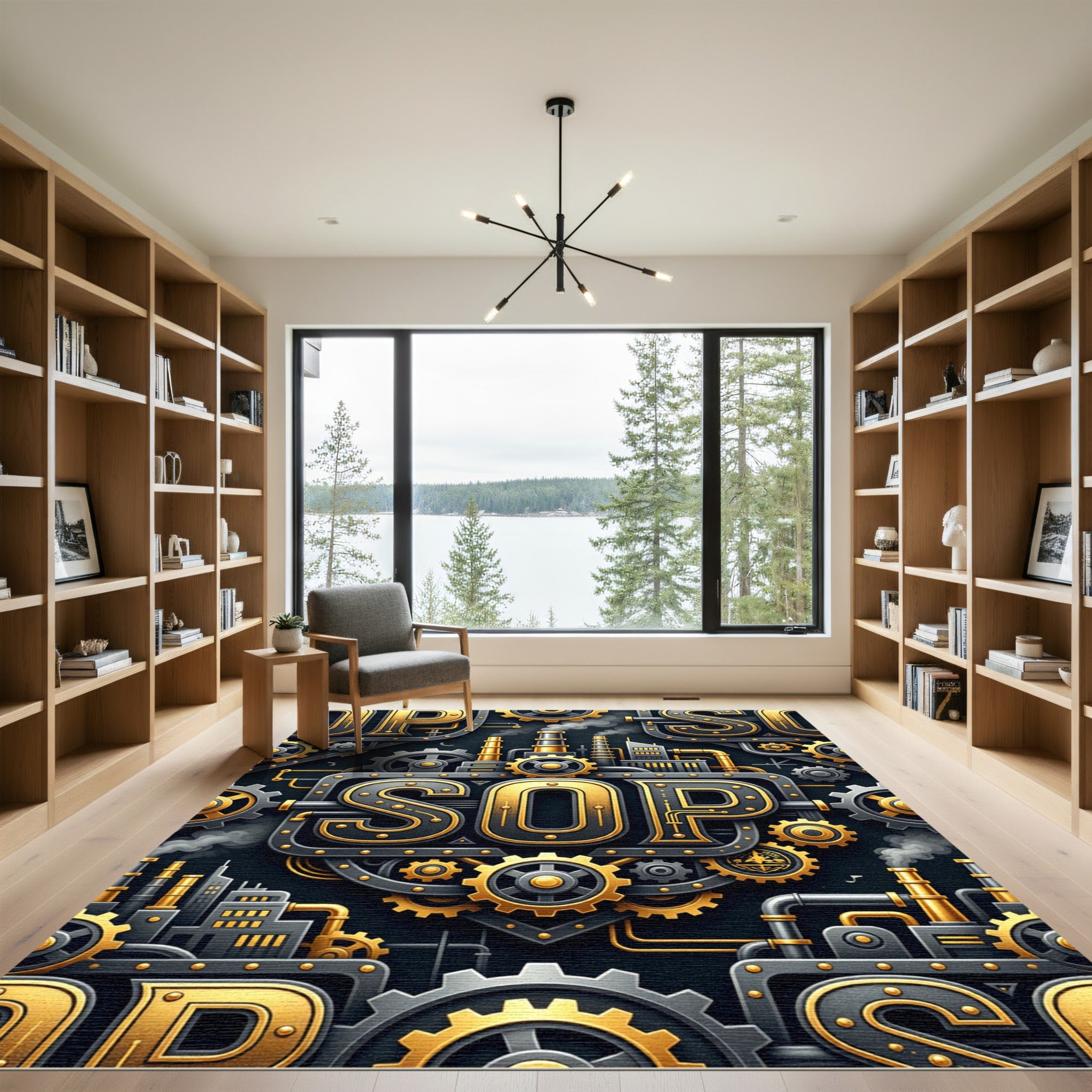 Industrial Gold Steampunk Gear Sop Text Rug