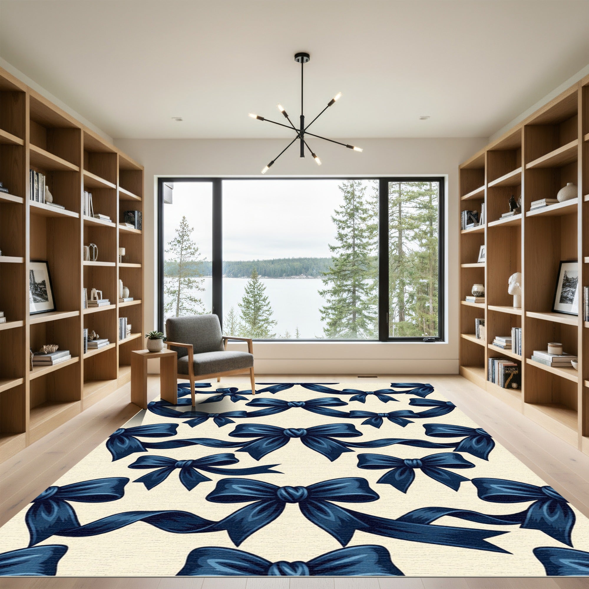 Elegant Navy Blue Bow Ribbon Accent Rug