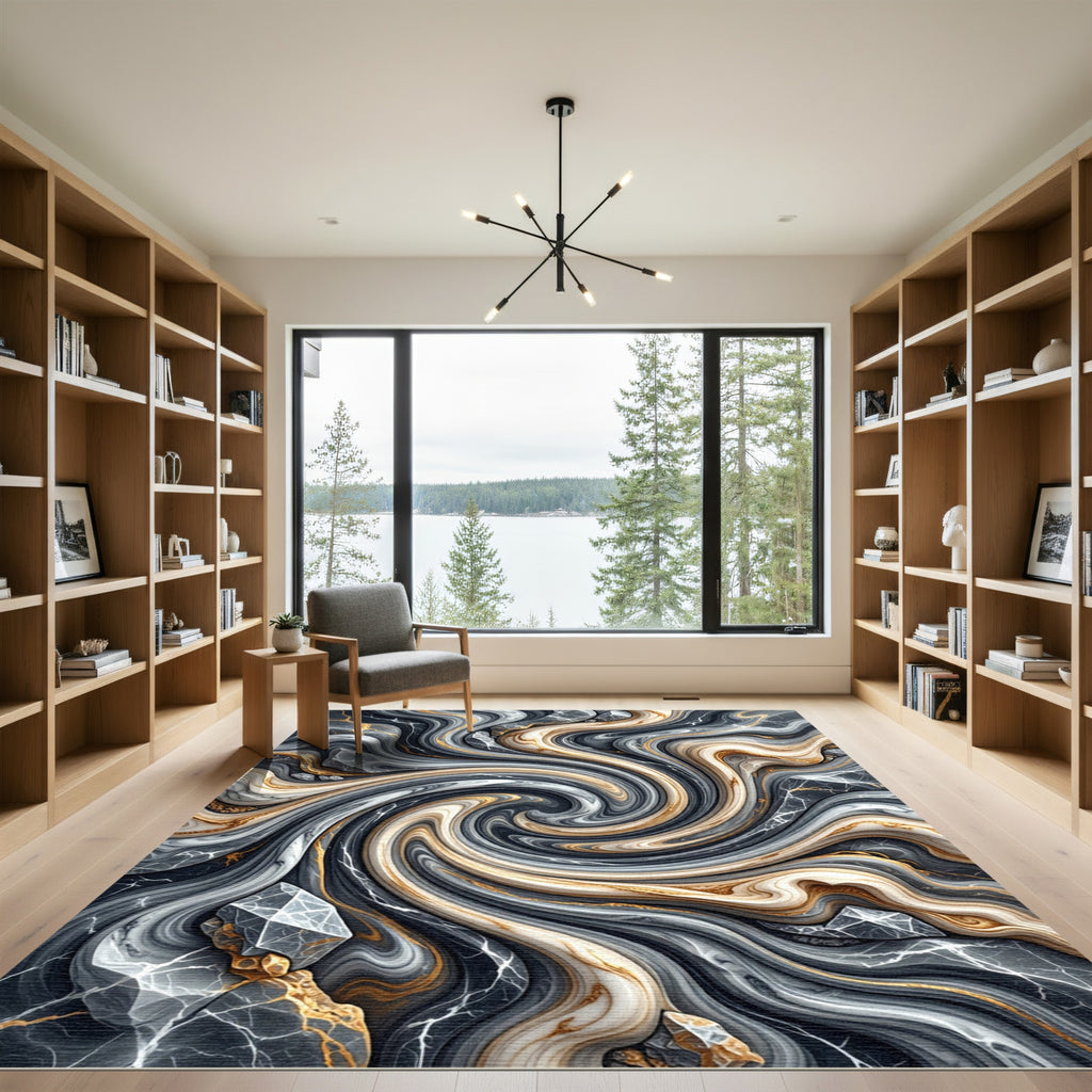 Abstract Swirl Gold And Gray Marble Rug