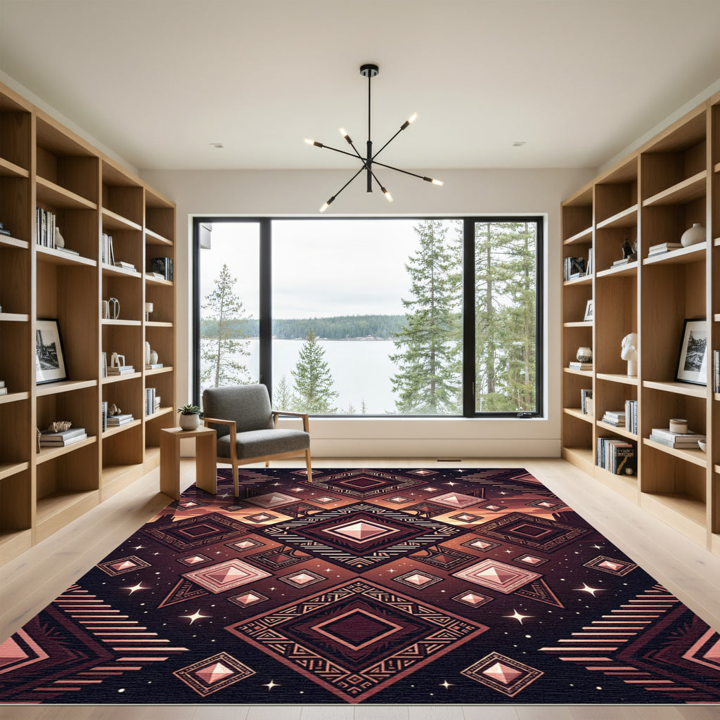 Geometric Crimson Earth Diamond Pattern Rug