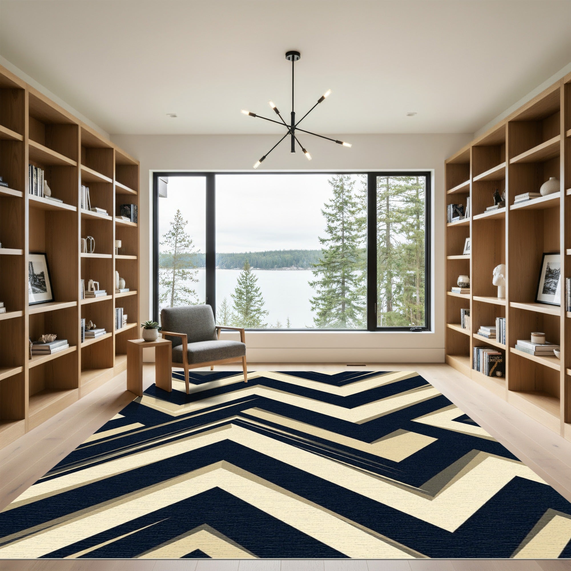 Black and Cream Sharp Chevron Composition Rug