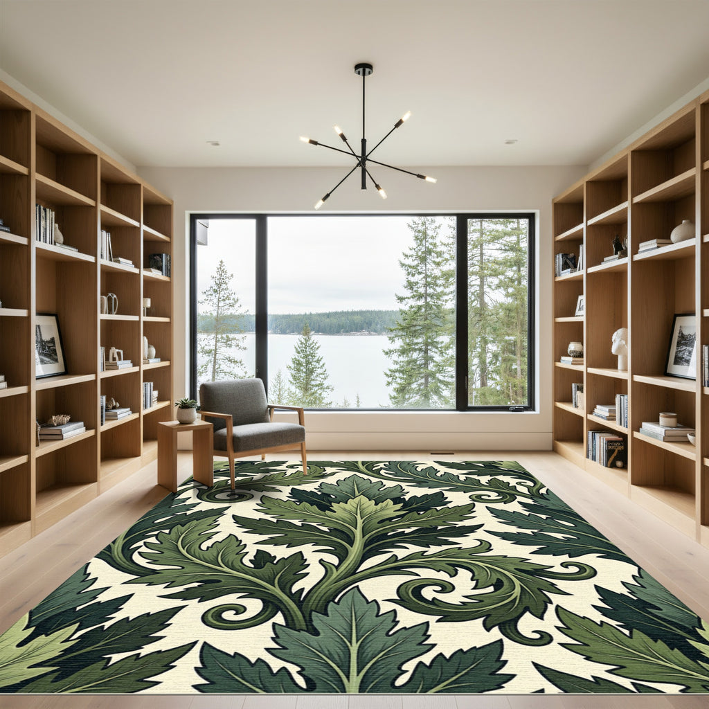 Botanical Forest Green Acanthus Leaf Damask Rug