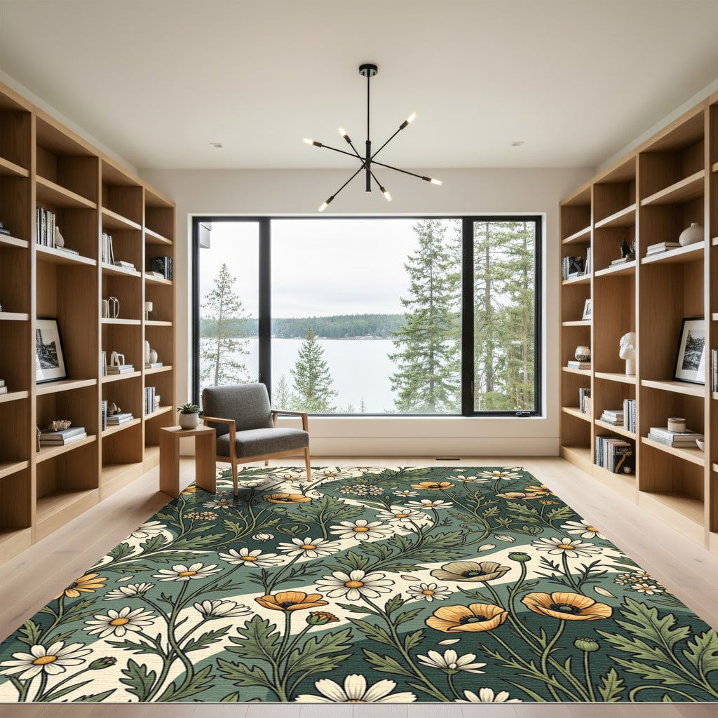 Earthy Green Floral Daisy Meadow Rug