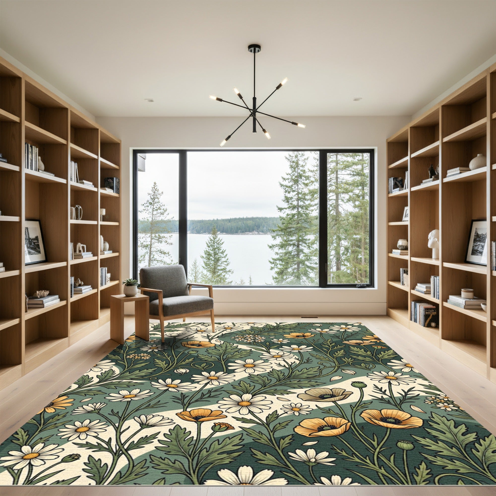 Earthy Green Floral Daisy Meadow Rug