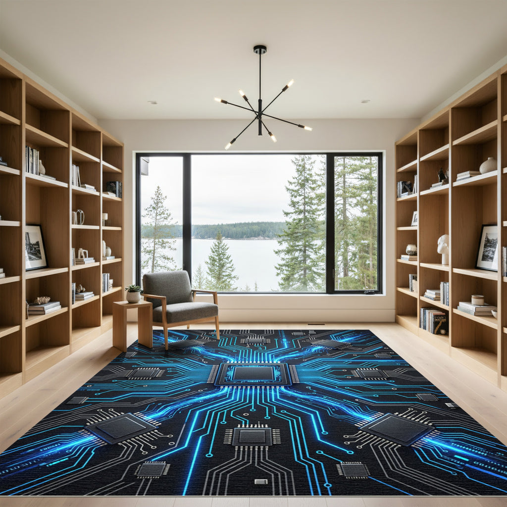 Glowing Cybernetic Fusion Tech Circuit Rug
