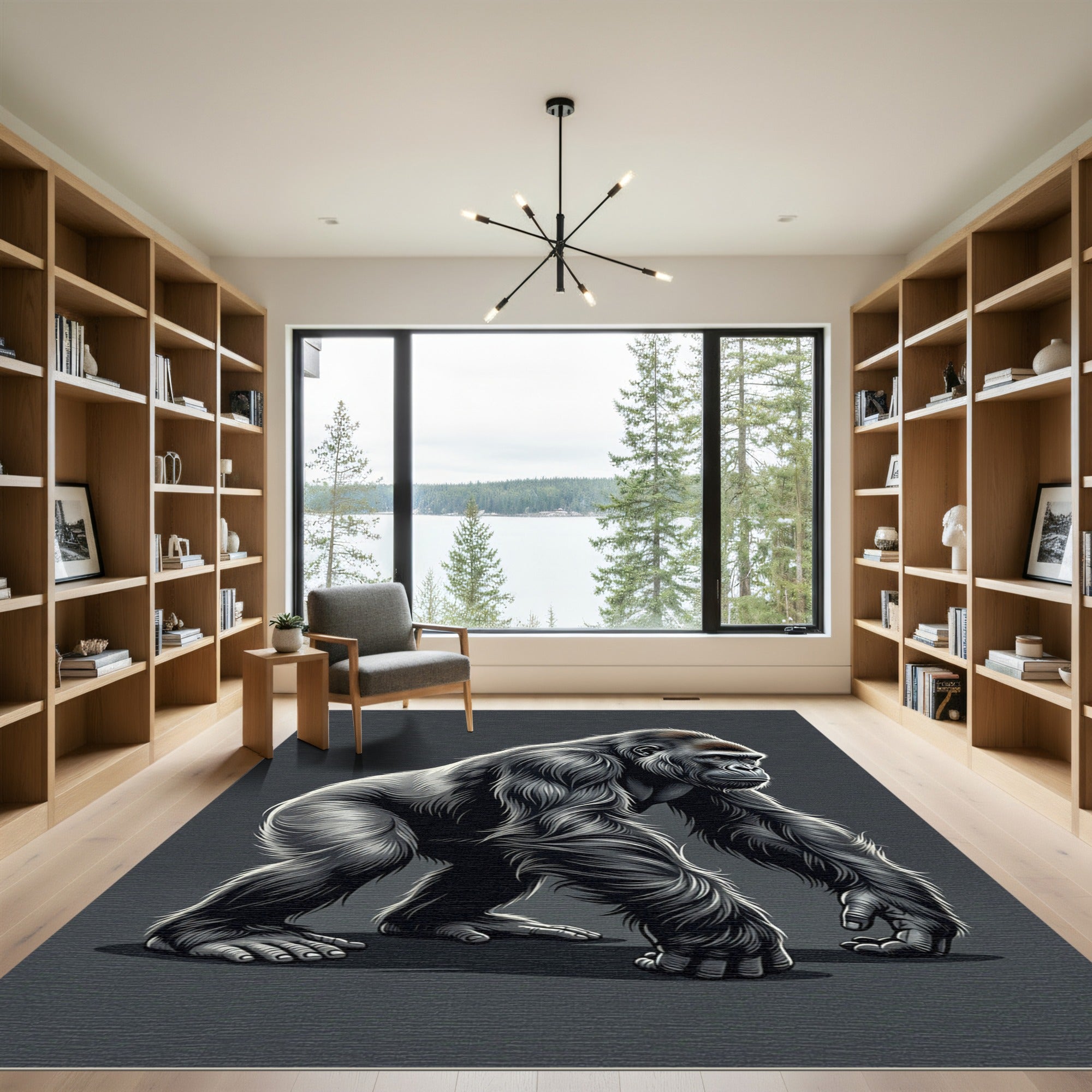 Majestic Charcoal Silver Gorilla Illustration Rug