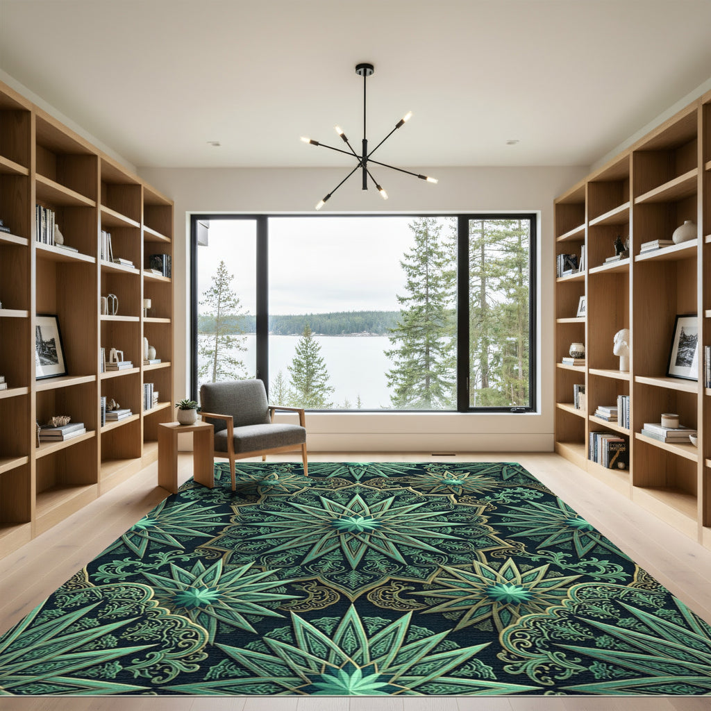 Deep Emerald Starburst Mandala Rug