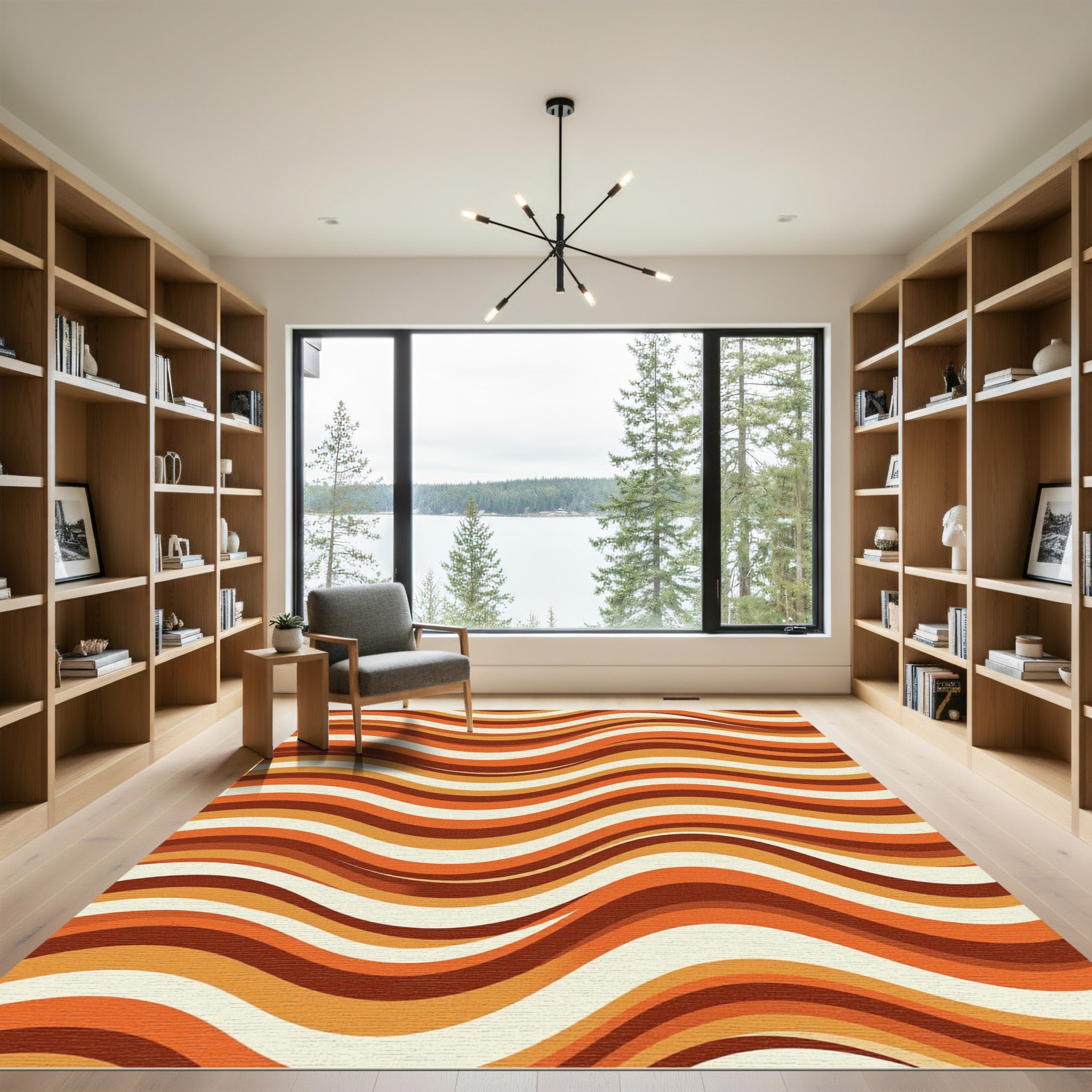Retro Mid-Century Burnt Orange Wavy Lines Rug