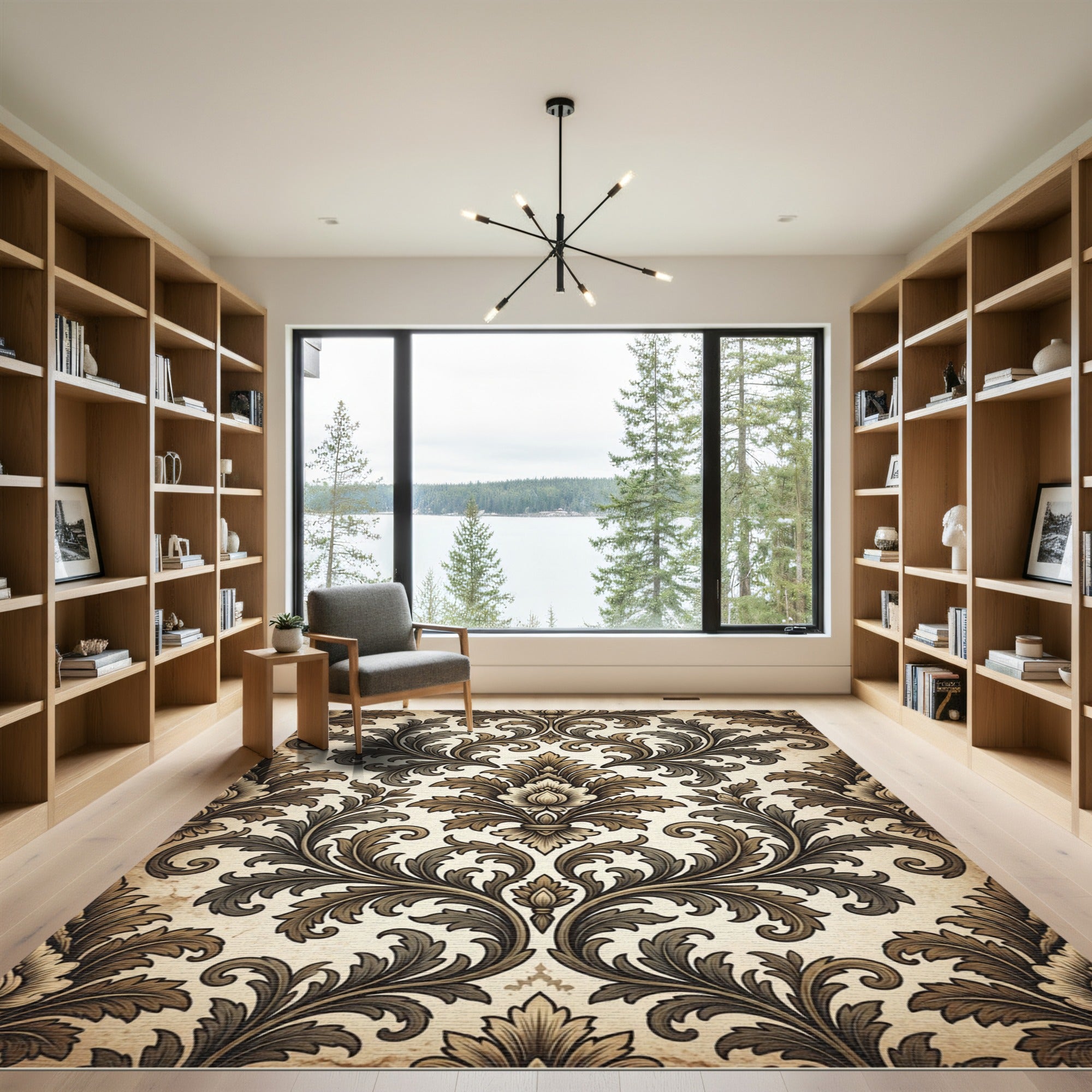 Antique Brown Floral Acanthus Damask Rug