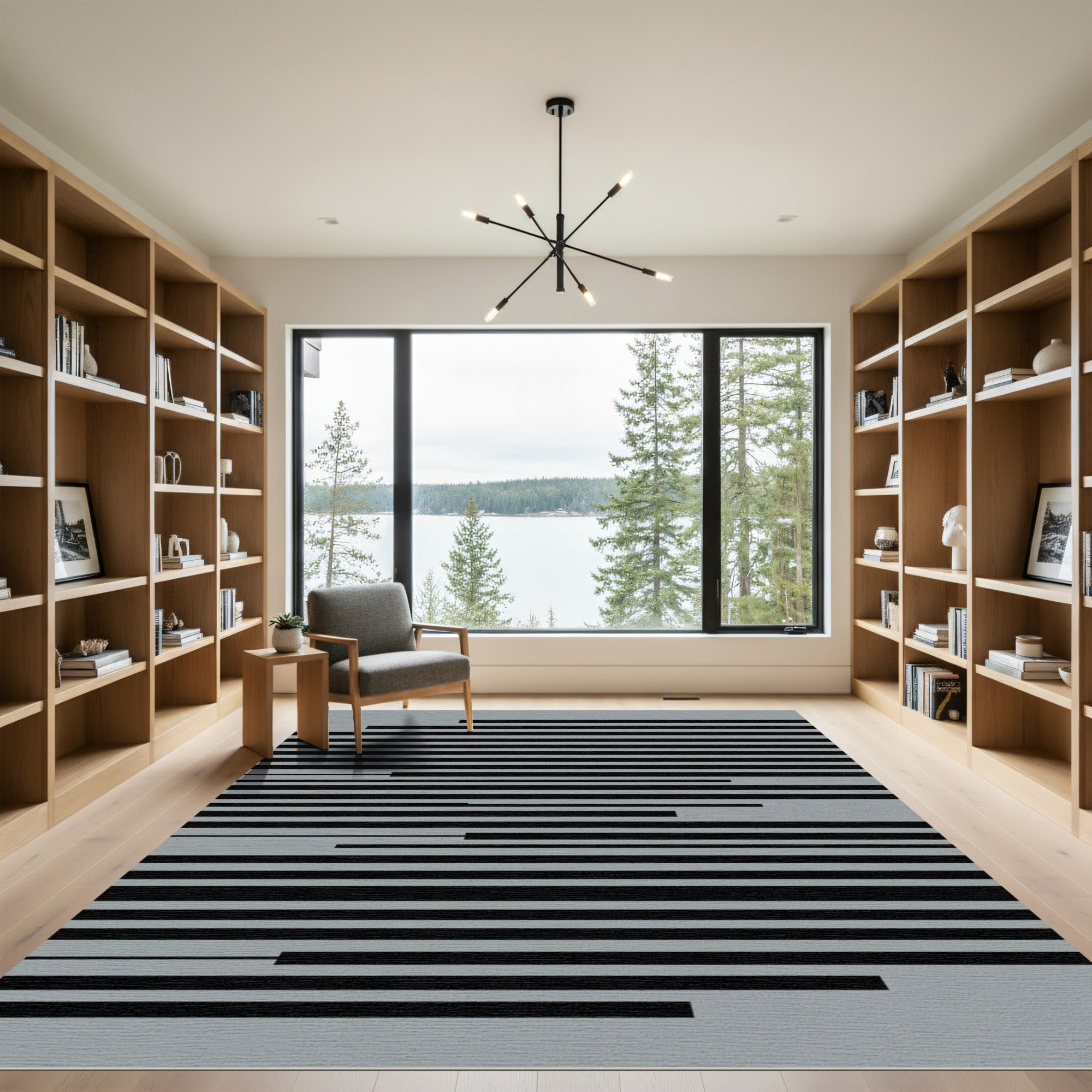 Minimalist Gray and Black Linear Rug
