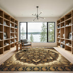 Golden Floral Medallion Black Ornate Rug