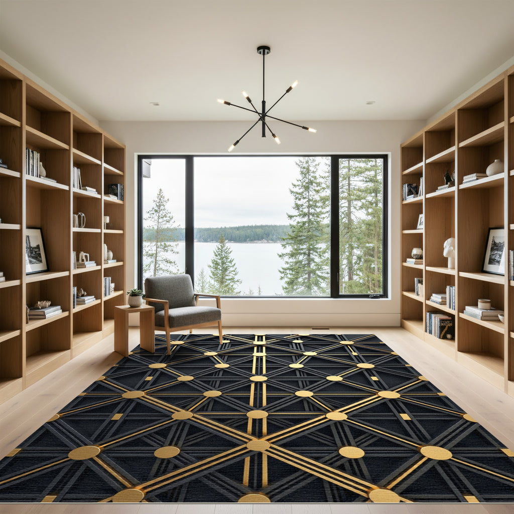 Black Gold Geometric Interlinking Circles Rug