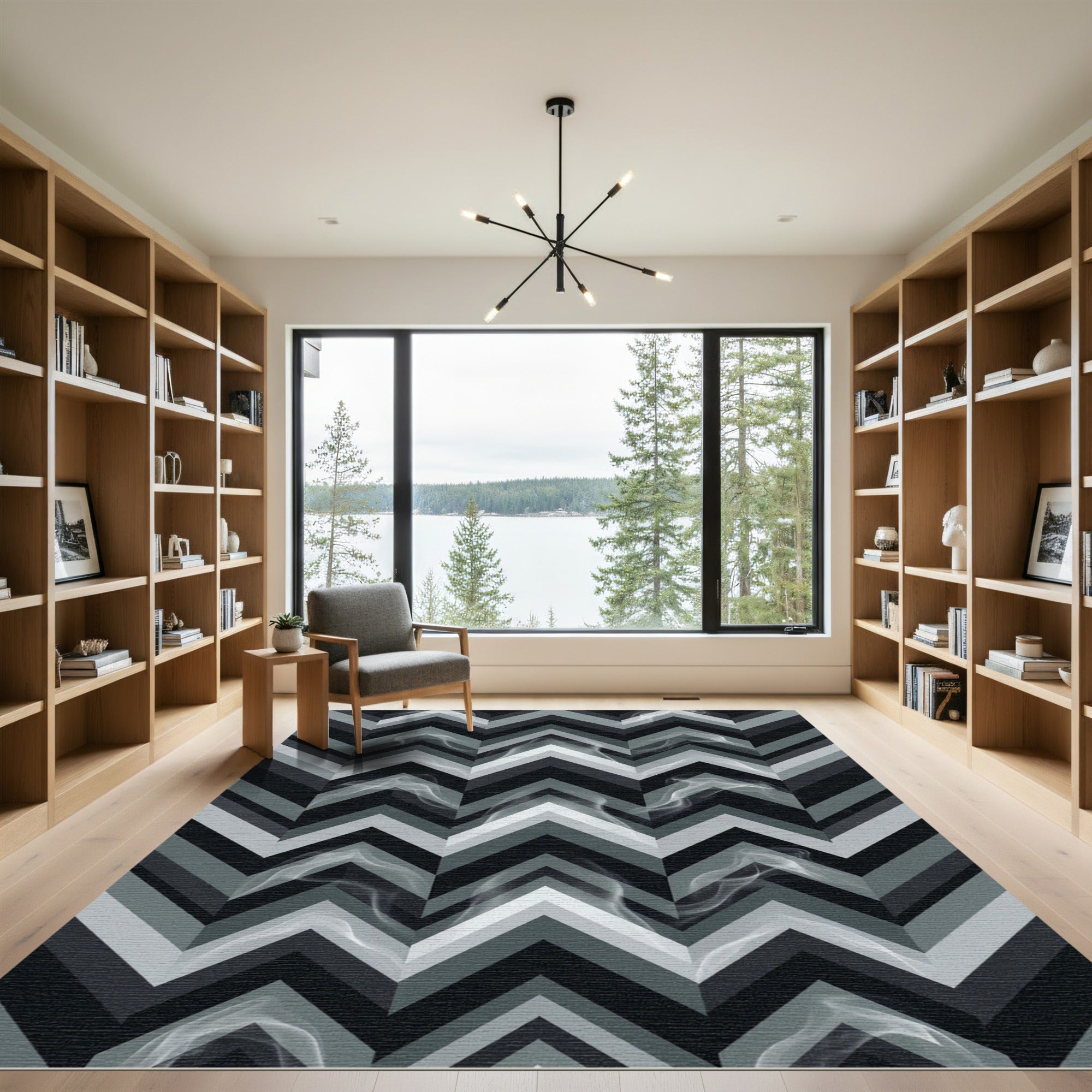 Smoky Monochrome Chevron Geometric Rug