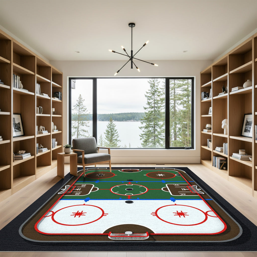 Green and White Hockey Rink Illustration Rug
