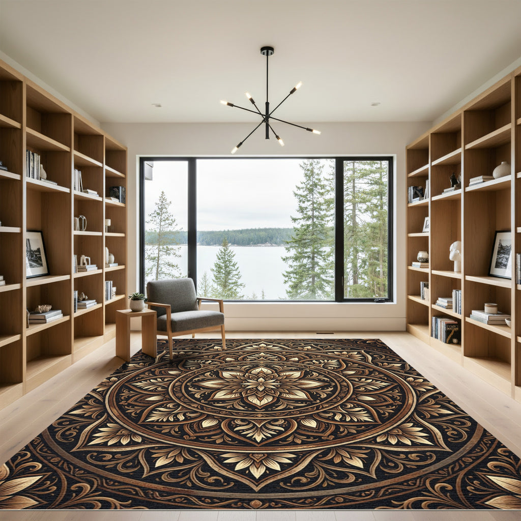 Ornate Golden Floral Mandala Art Rug