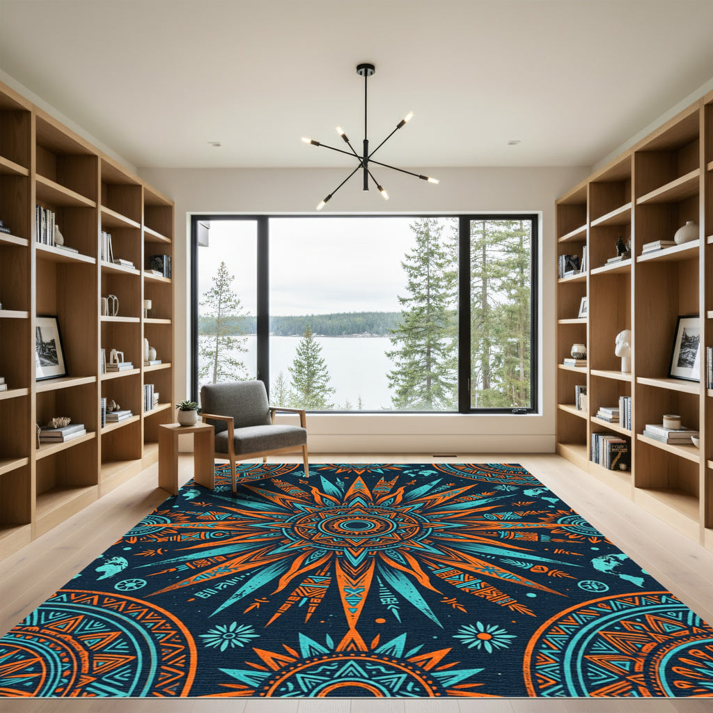 Radiant Orange and Teal Sun Mandala Rug