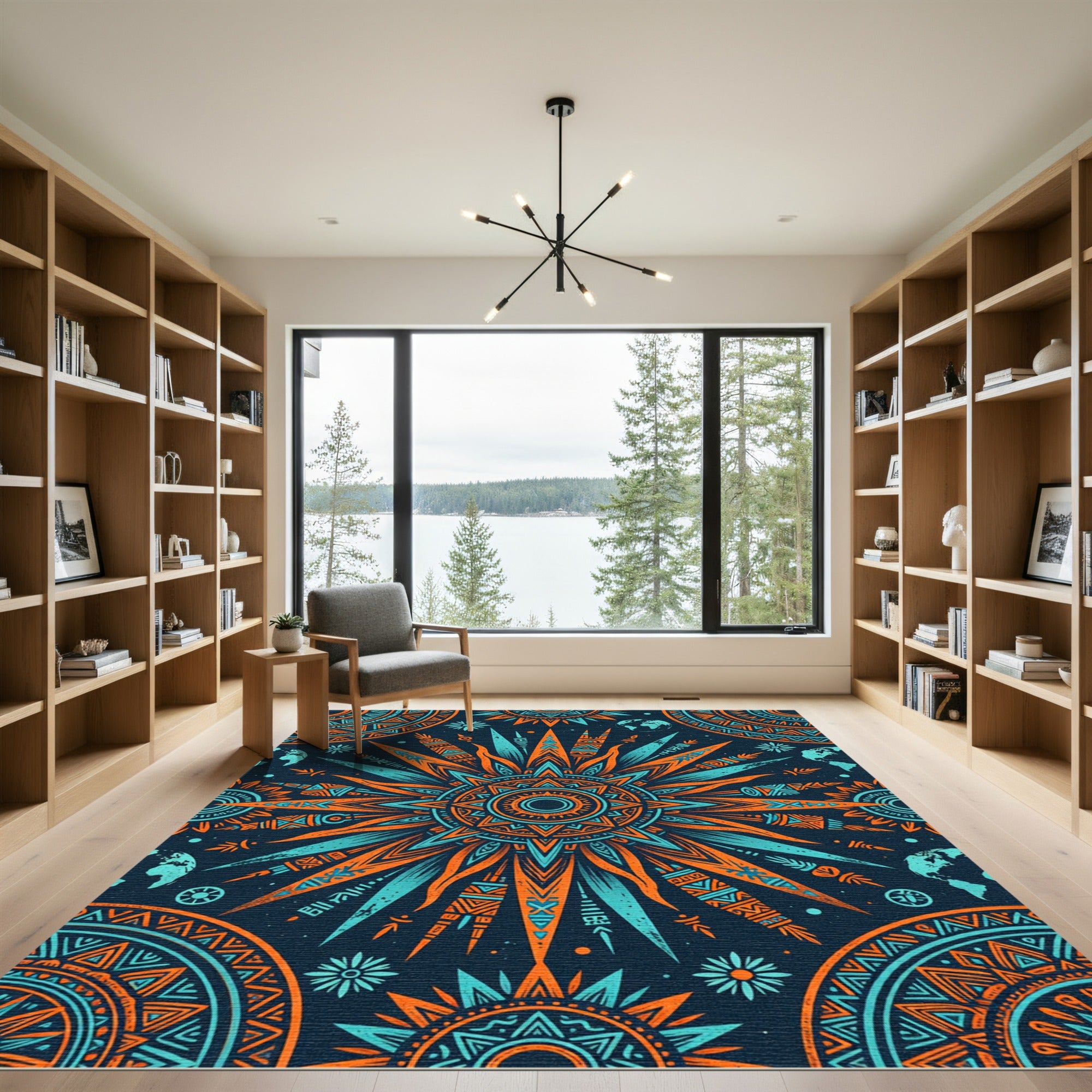 Radiant Orange and Teal Sun Mandala Rug