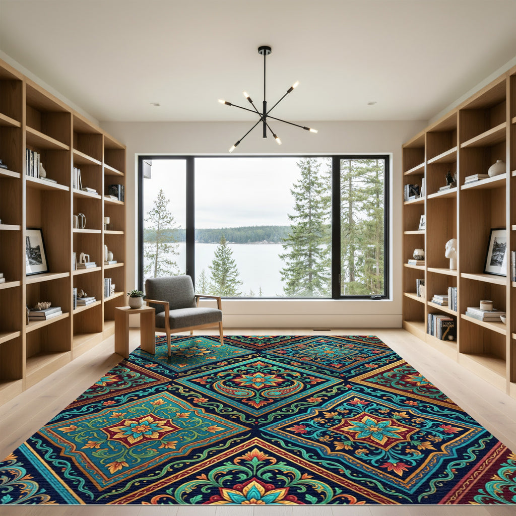 Intricate Teal Gold Paisley Medallion Rug
