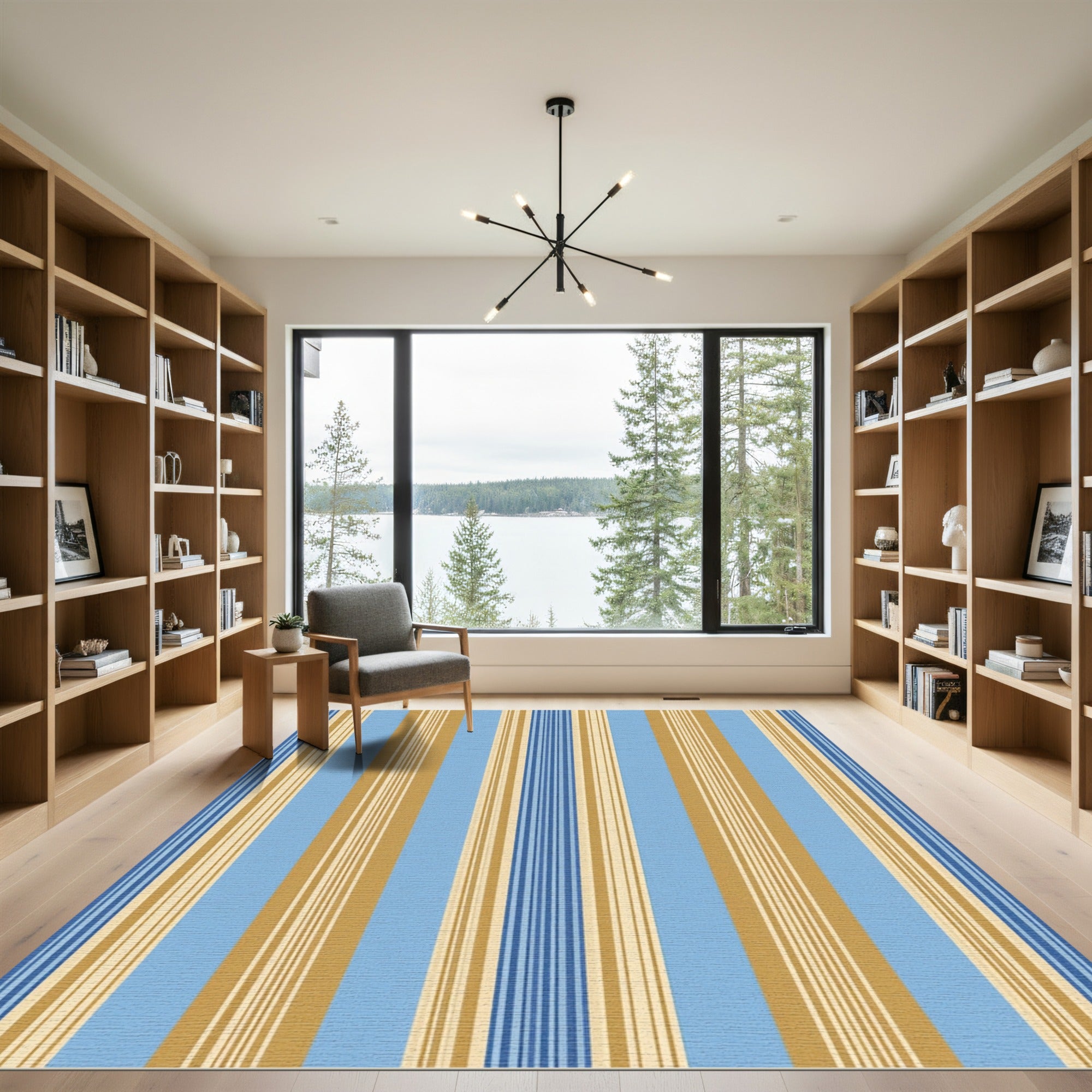 Classic Blue and Gold Striped Textile Rug