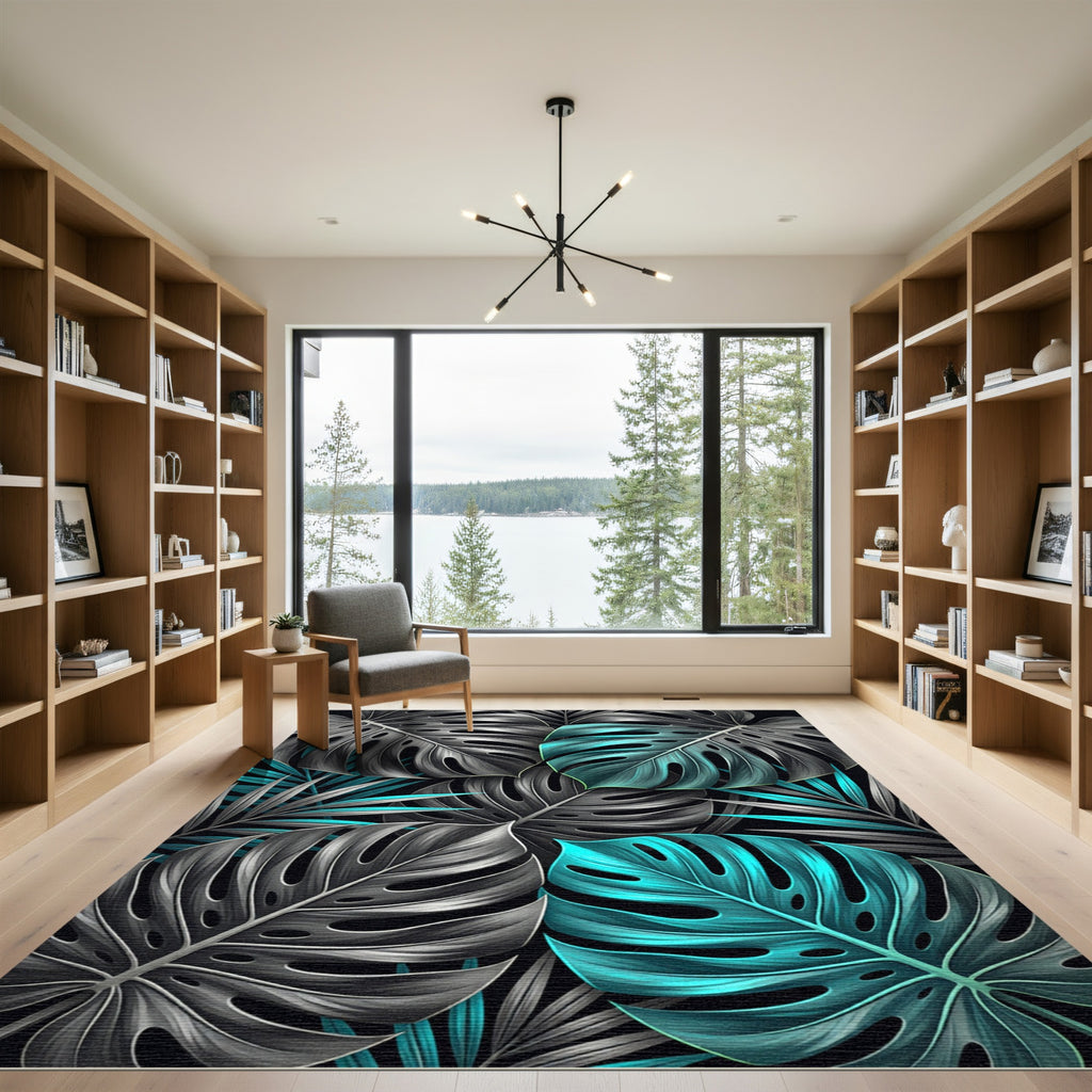 Teal and Charcoal Tropical Monstera Leaves Rug