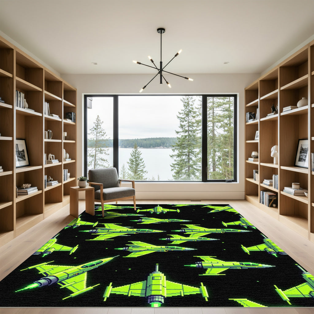 Neon Green Pixel Art Spaceship Fleet Rug