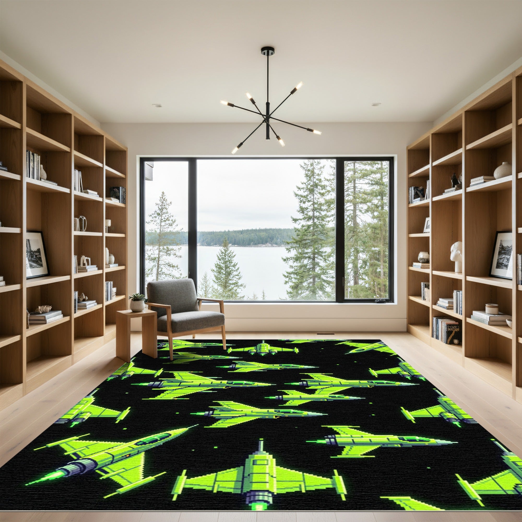 Neon Green Pixel Art Spaceship Fleet Rug