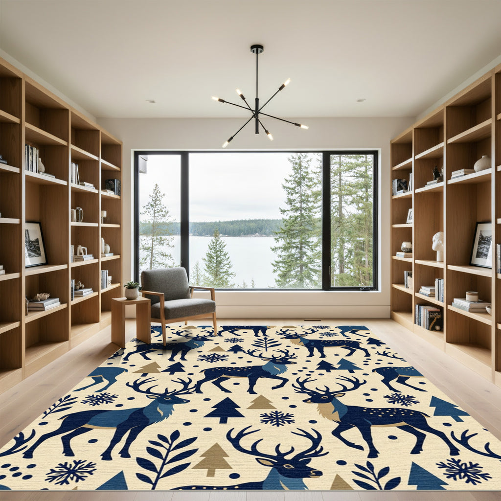 Navy Winter Reindeer and Snowflake Silhouette Rug