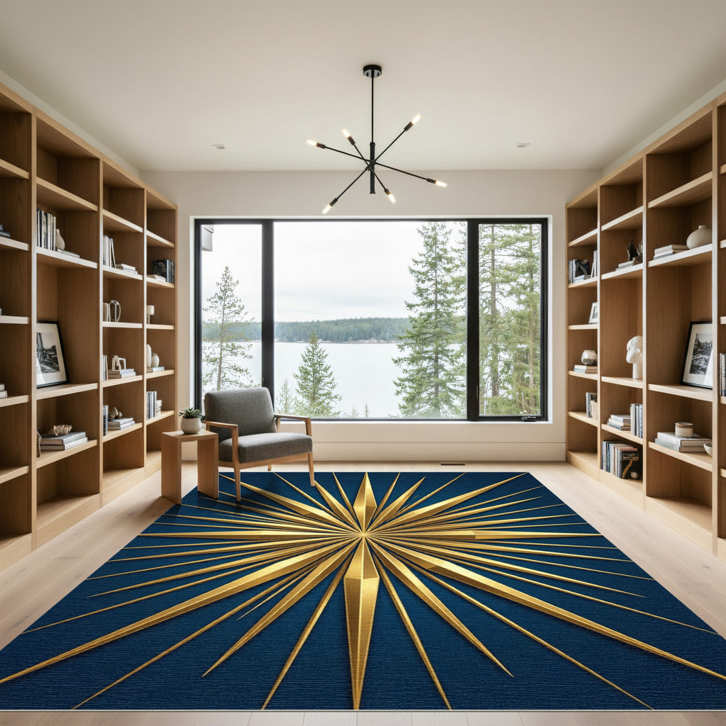 Radiant Golden Sunburst Navy Art Rug