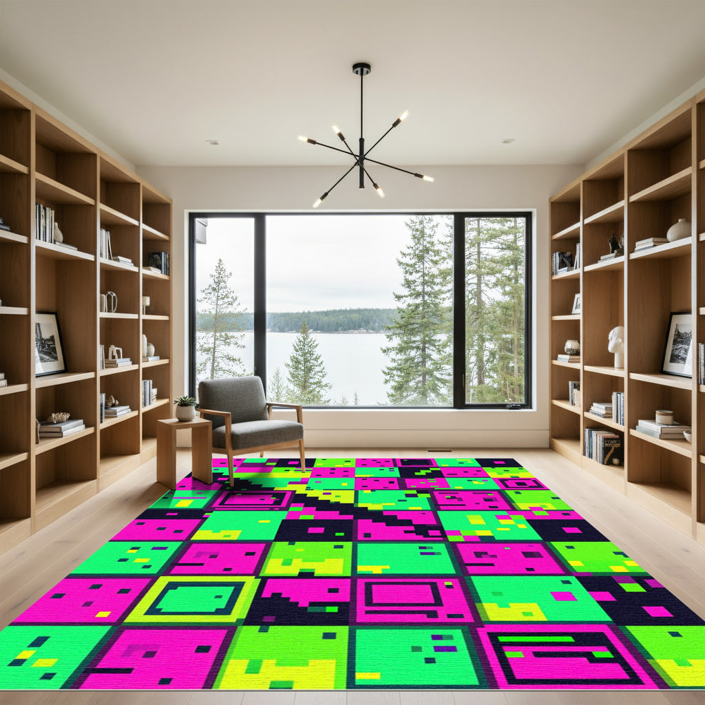 Vibrant Neon Pixel Grid Checkered Abstract Rug