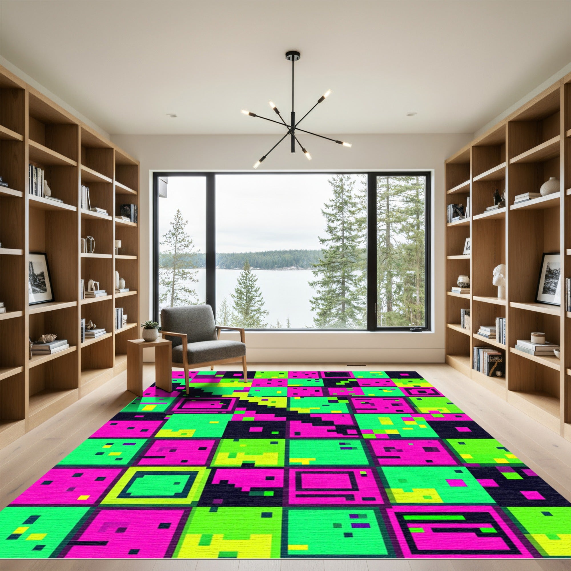 Vibrant Neon Pixel Grid Checkered Abstract Rug