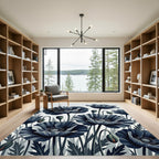 Monochrome Botanical Navy Poppy Illustration Rug