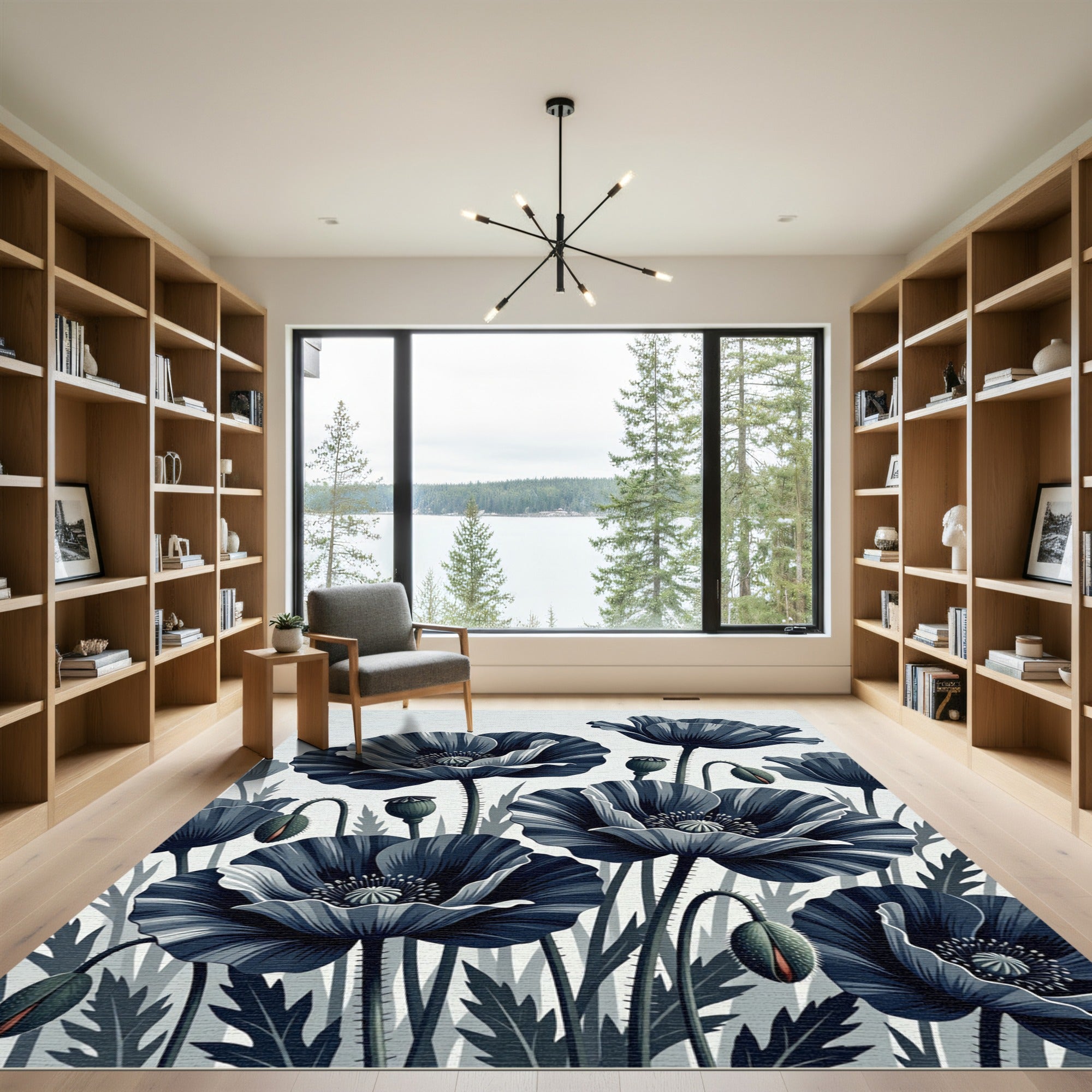 Monochrome Botanical Navy Poppy Illustration Rug