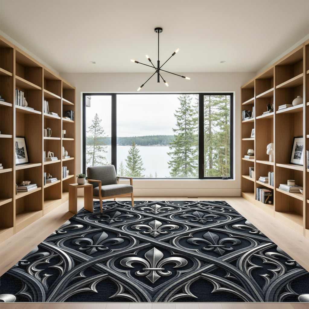 Gothic Silver Fleur de Lis Grid Rug