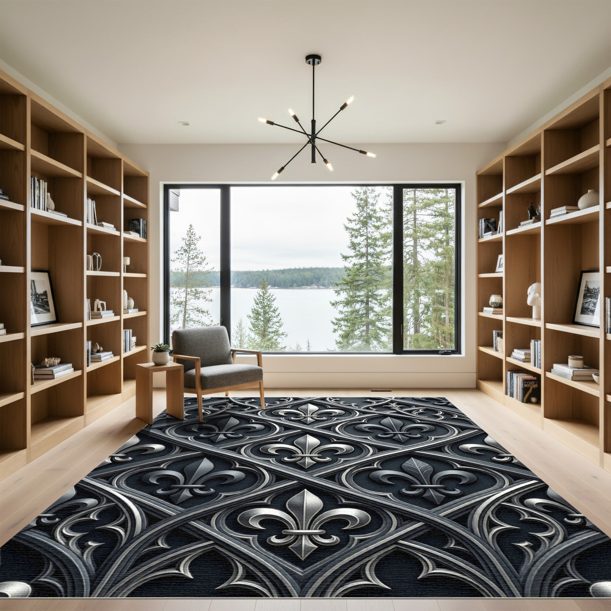 Gothic Silver Fleur de Lis Grid Rug