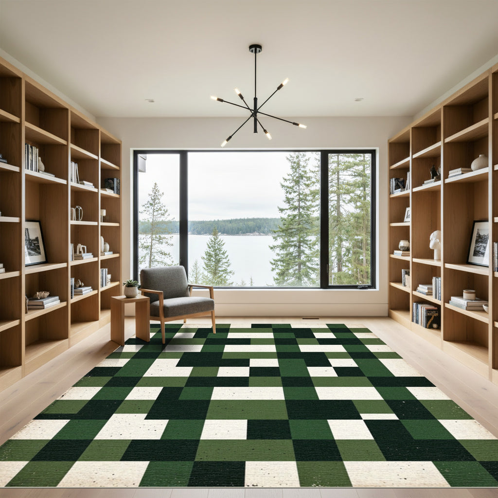 Forest Green White Brick Pattern Rug