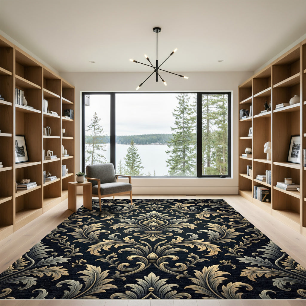 Elegant Gold Damask Charcoal Swirl Rug
